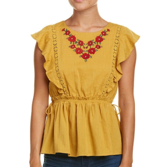 ❌SOLD❌Moon River Yellow Embroidered Ruffle Top Sm - Picture 7 of 8